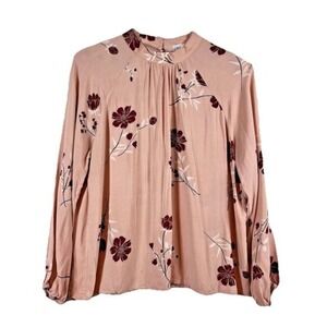 C&C‎ California Womens Blouse L Pink Peach High Neck Asian Blossom Floral Anthro